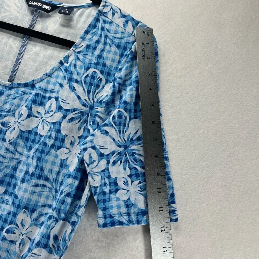 Lands End Dress S 6-8 Floral Check Short Sleeve A-Line Stretch Cotton Modal Blue - Picture 10 of 12